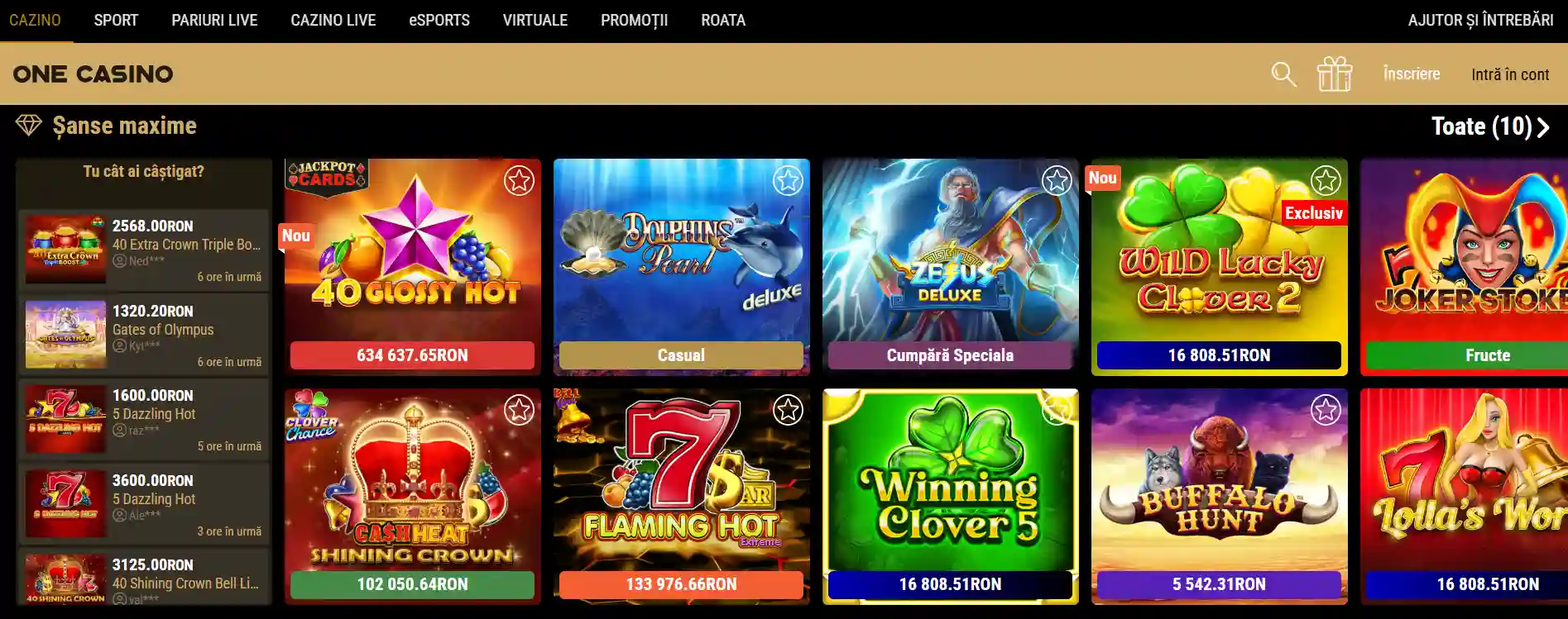 Catalogul de jocuri One Casino afișat în browser, cu navigație și plăci de joc